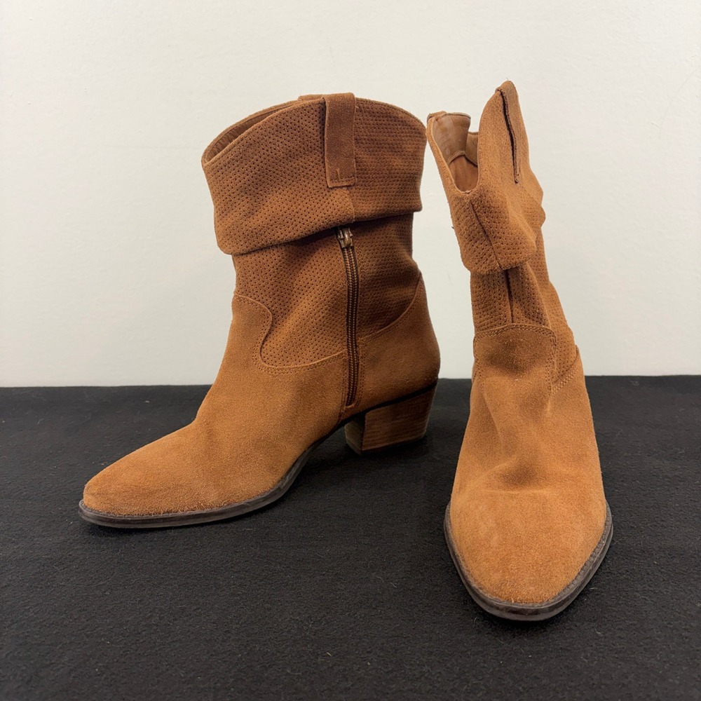 Charles David Women 9 Brown SuedeLeather Western Cowboy Ankle Boots Slouchy Heel